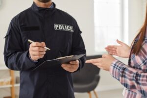 A police officer questions a woman as part of a burglary investigation, taking notes on her testimony. Law enforcement and investigation concept.