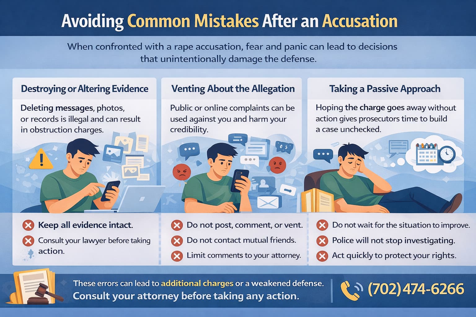 Avoiding common mistakes after a rape accusation infographic showing evidence preservation, avoiding public statements, and taking early legal action