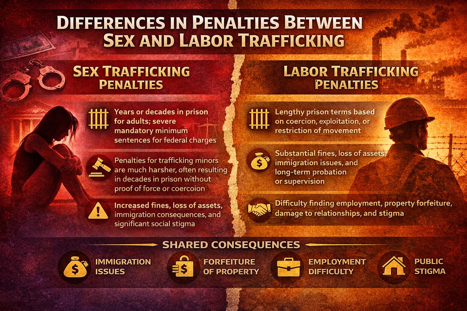 Differences in Penalties Between Sex and Labor Trafficking | Nevada Criminal Defense Guide Infographic comparing penalties for sex trafficking vs labor trafficking, showing prison sentences, fines, and collateral consequences under Nevada and federal law