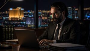 las vegas criminal defense attorney night office Las Vegas defense lawyer working on a laptop in an office at night with city lights in the background.