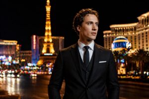 las vegas defense lawyer night strip Las Vegas defense lawyer in a black suit standing on the Strip at night with city lights in the background.
